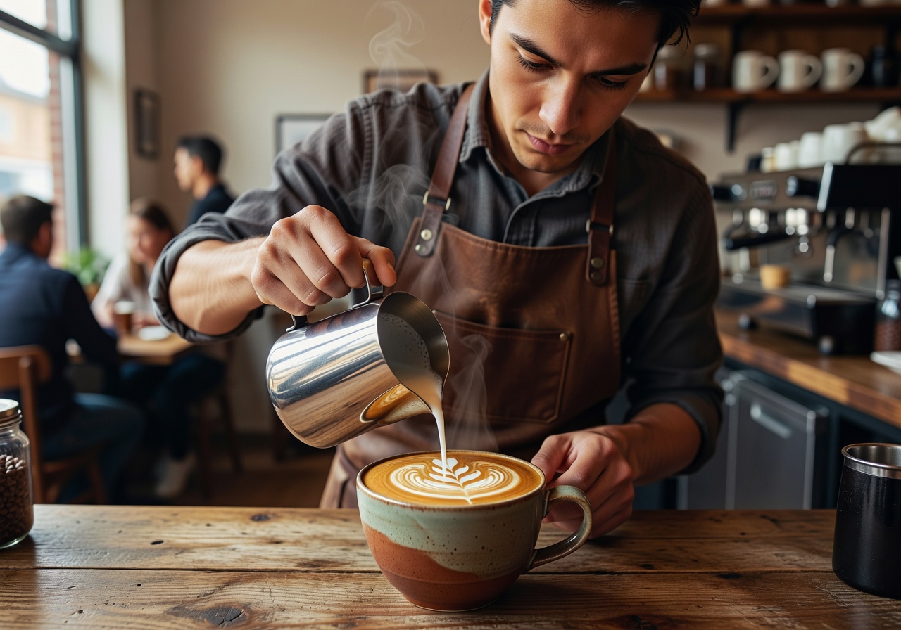 Barista carefully pouring latte art in a ceramic cup at Friend Campqurry cafe