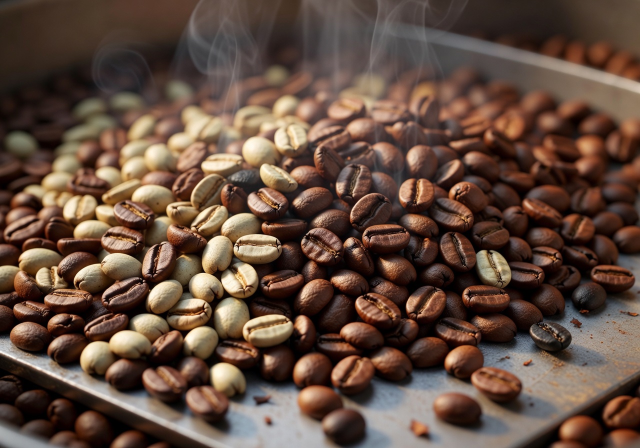 Close up of fresh coffee beans being roasted