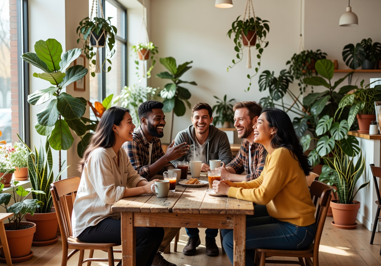 Group of friends chatting around a wooden table in a brightly lit cafe surrounded by indoor plants