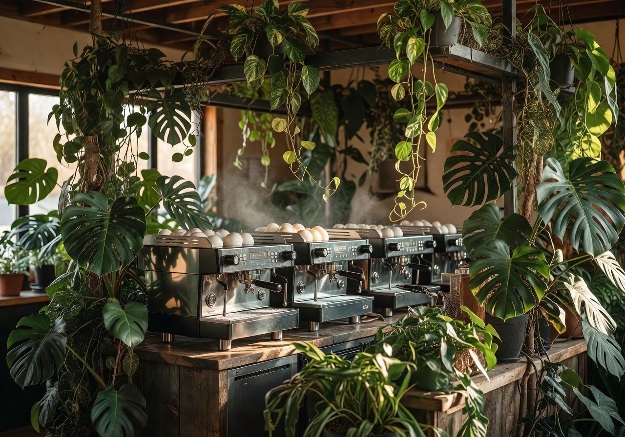 Interior view of Friend Campqurry showing espresso machines surrounded by hanging pothos and monstera plants